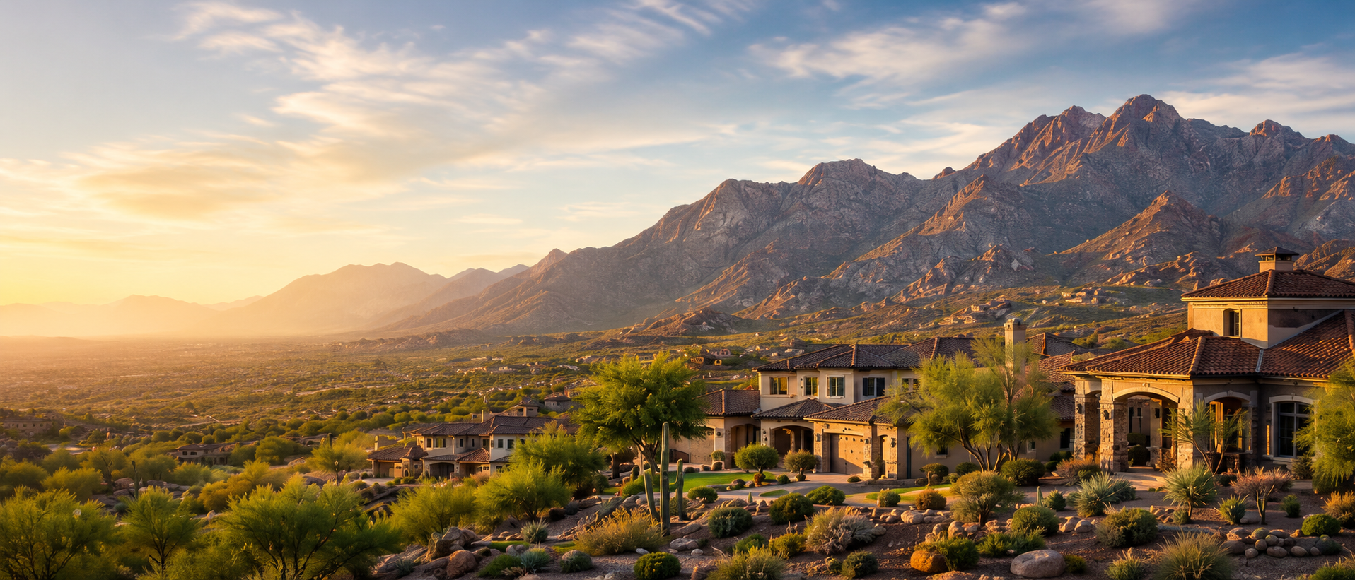 Southwestern-style home among saguaros with desert mountains at sunset