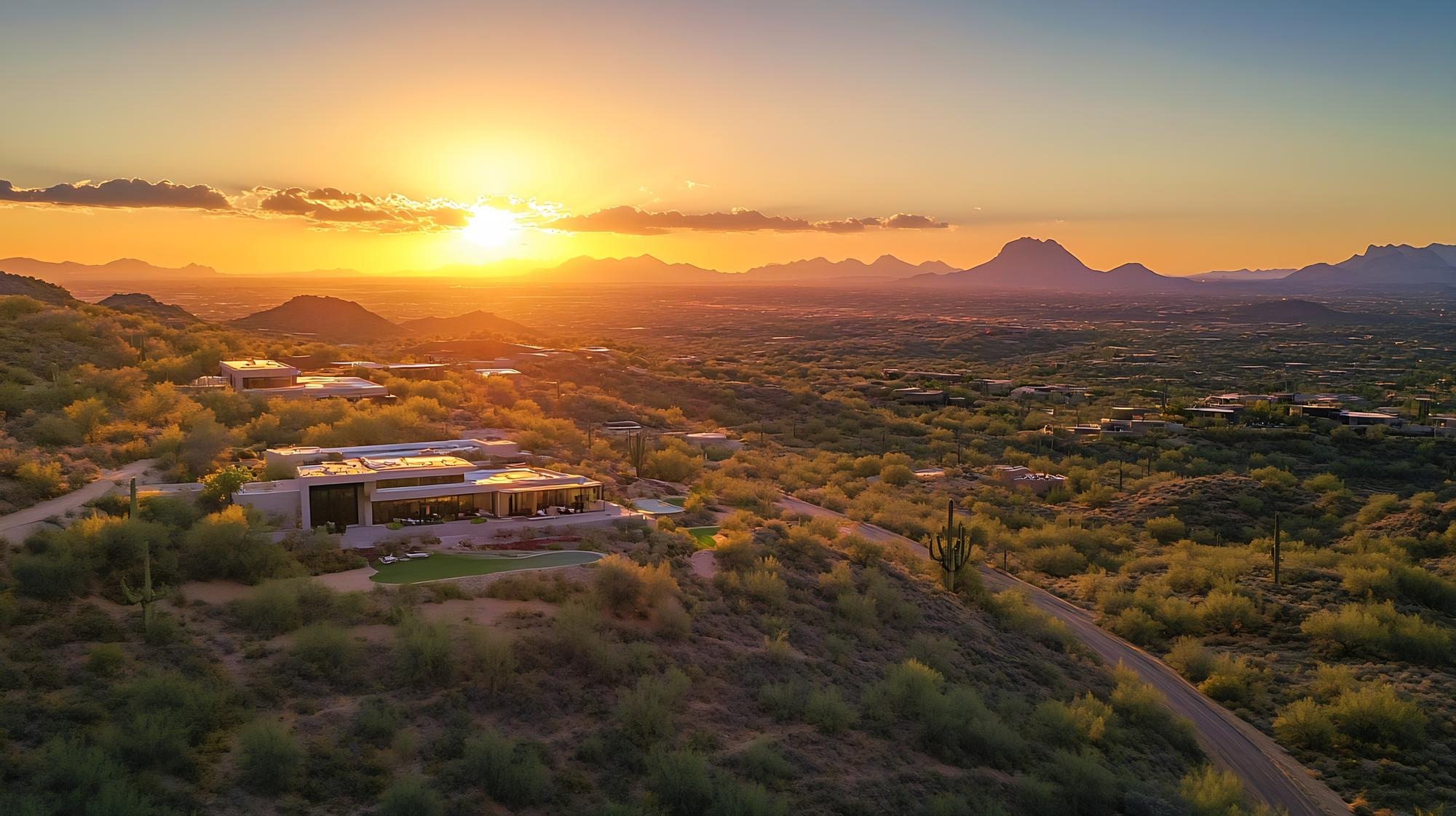 A desert home at sunset with mountain ranges on the horizon