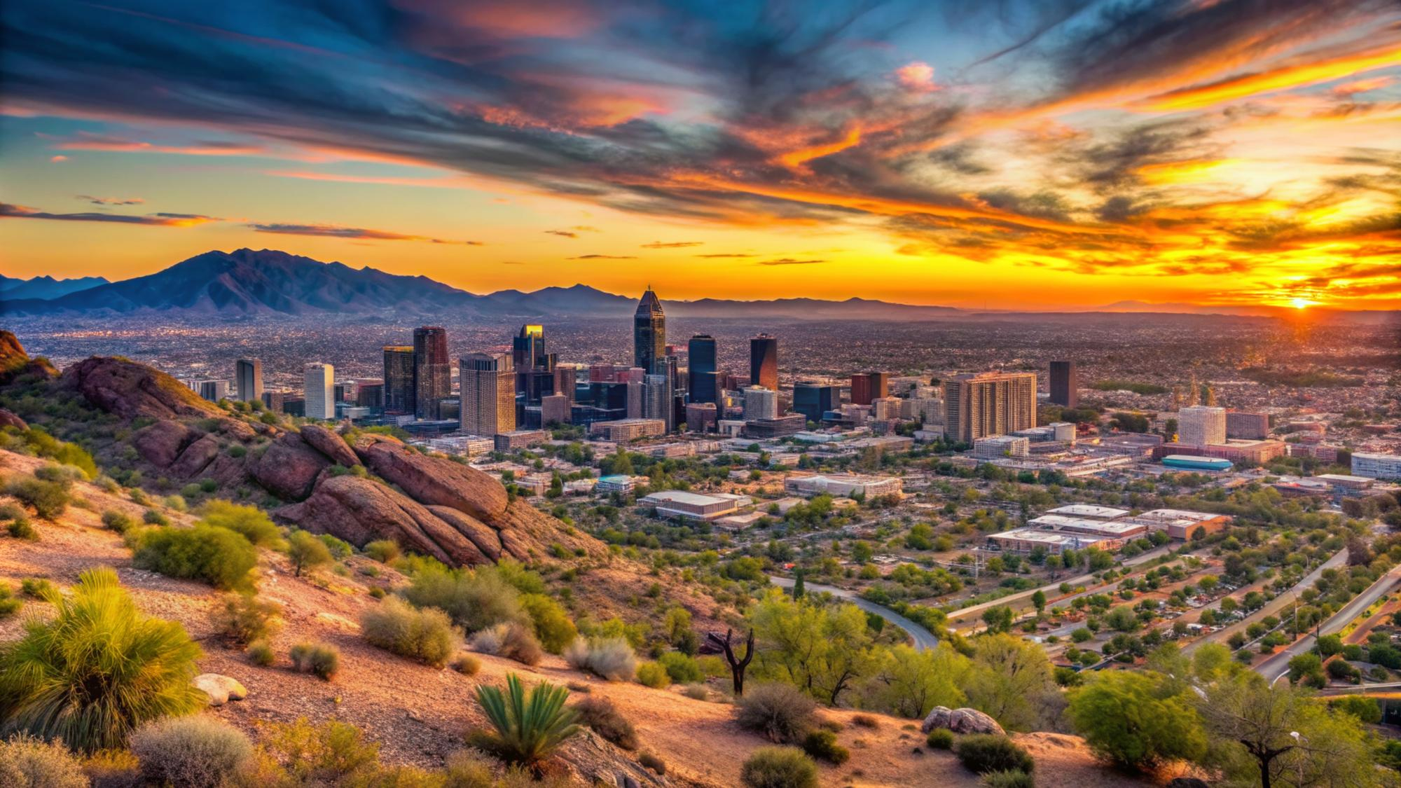Downtown Phoenix skyline at sunset seen from a desert hillside