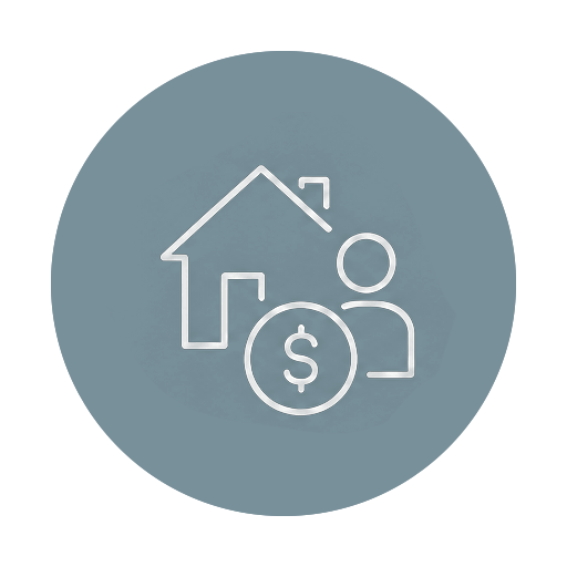 Estate and tax planning appraisals icon showing a house, a person and a dollar sign