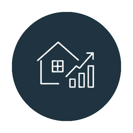 Investor appraisals icon showing a house with a rising bar chart