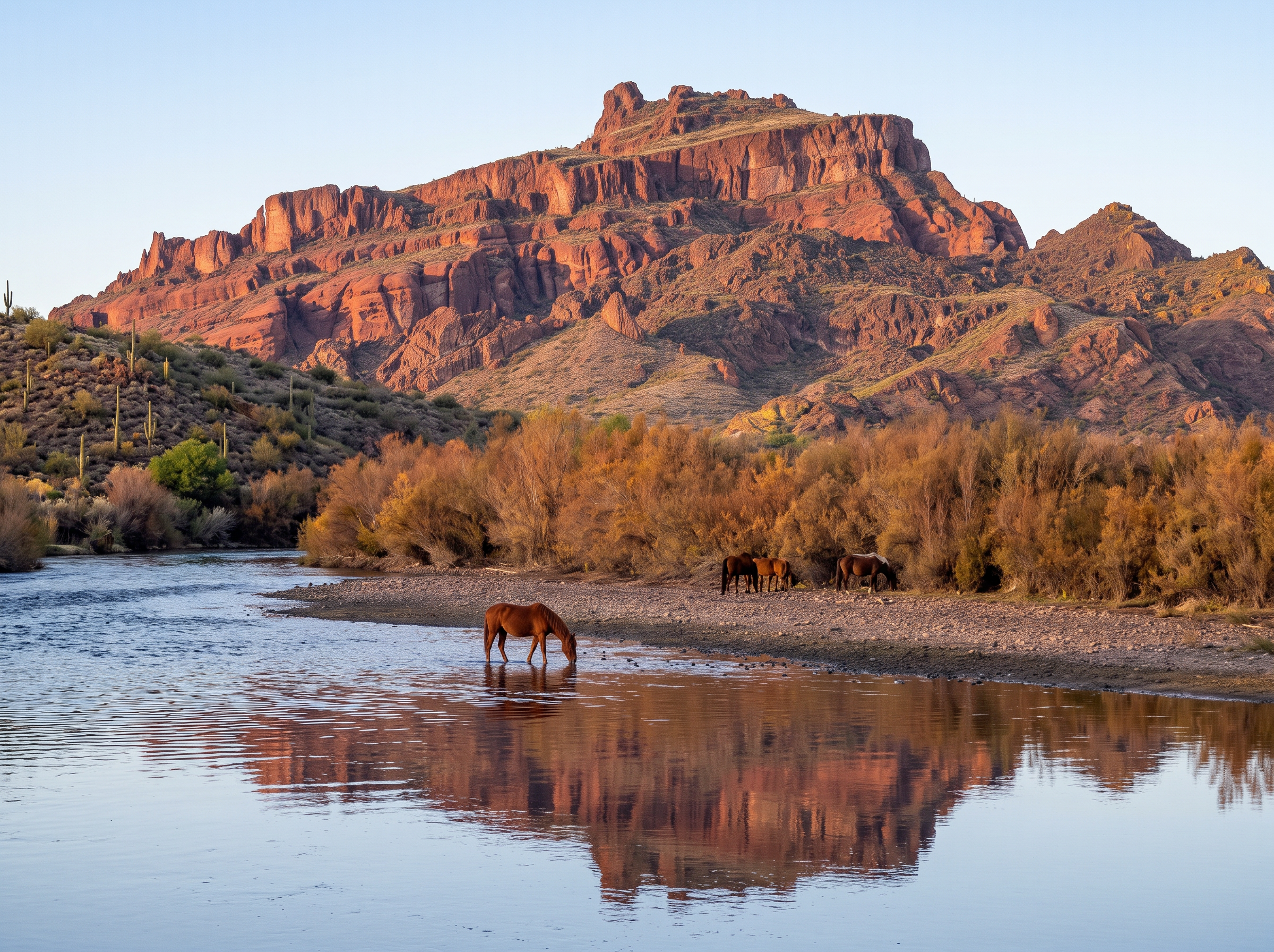 Wild horses drinking from the Salt River below Red Mountain