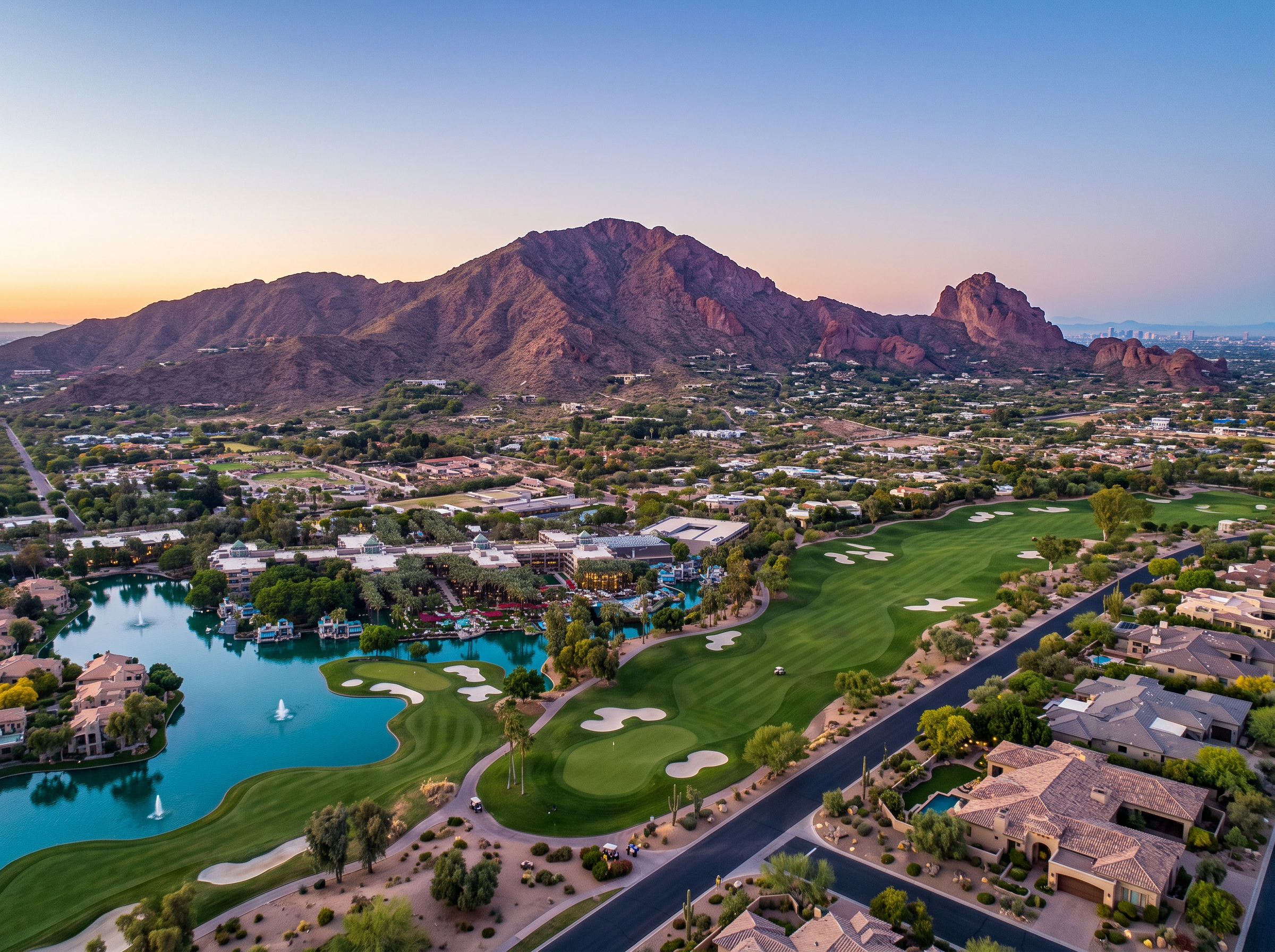 Aerial view of a Paradise Valley golf and lake community below Camelback Mountain