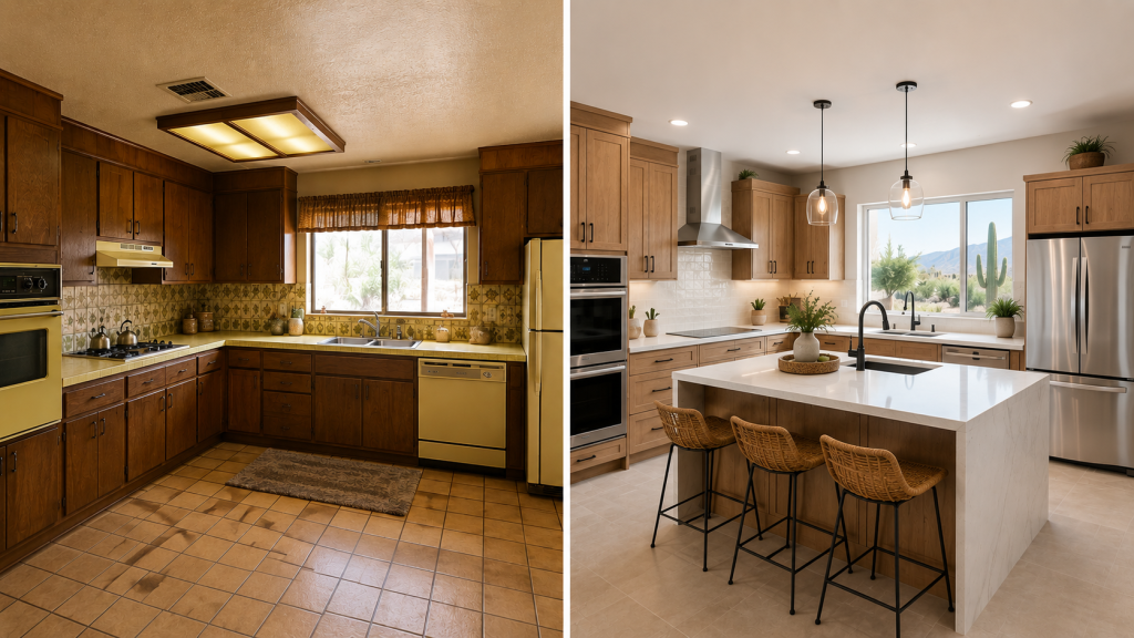 A dated kitchen beside the same kitchen after a full remodel