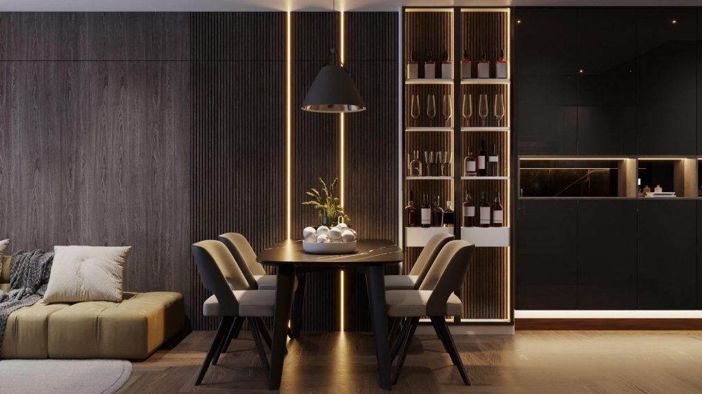 Contemporary dining room with designer lighting and dark built-in shelving