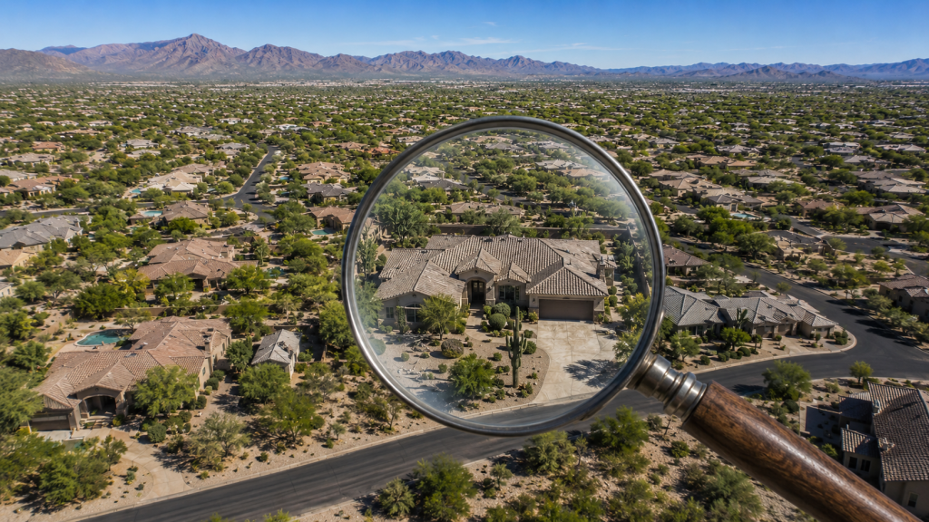 Magnifying glass held over an aerial view of a desert neighborhood